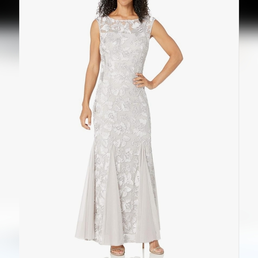 Alex Evening Maxi Dress Fit & Flare Godet Silver Gray Prom Formal Wedding Sz 18